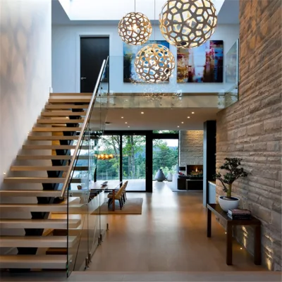 Marches en bois massif d'escaliers de balustrade en verre d'escalier en bois en acier droit moderne